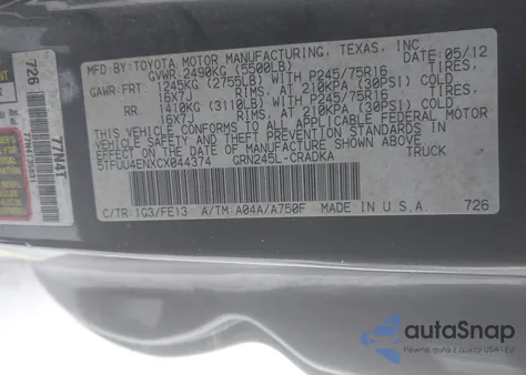 2012 Toyota Tacoma Base V6 z USA, uszkodzony, nr VIN 5TFUU4ENXCX044374